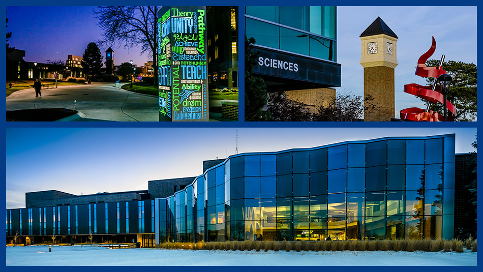 Downtown Campus image collage featuring campus walkways, gannon building exterior, and arts and science building exterior with clocktower in the background