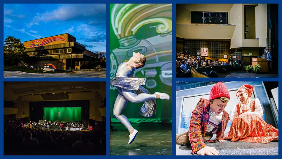 Dart Auditorium image collage featuring the buildings exterior, a dancer performing on stage, an orchestra performing on stage, a speaker addressing a crowd from behind a podium, and two actors carrying out a scene on stage 