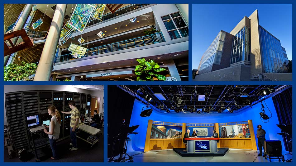 Technology and Learning Center image collage featuring the building's exterior, the LCC library, a giant rack of media servers as well as a tv broadcast studio