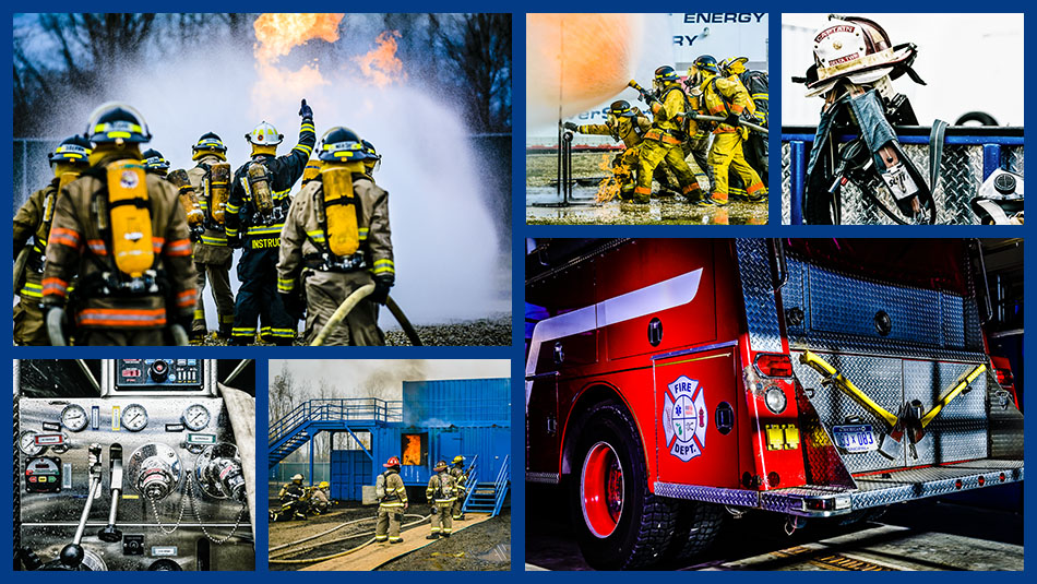 lcc fire fighting image collage, featuring the interior of a fire truck, lcc fire students practicing putting out a fire in a contained area, fire equipment resting on a hook, and the back of a fire truck