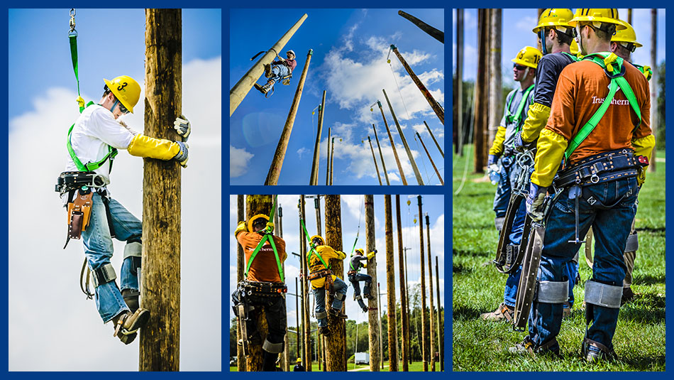 lcc electrical utility lineworker program image collage, featuring students dressed in utility lineworker gear, and students practicing climbing utility poles