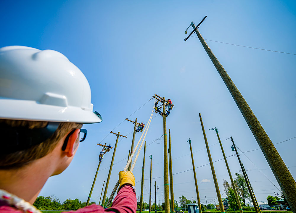 student's birdeye view of two students way up on lcc training utility poles at west campus