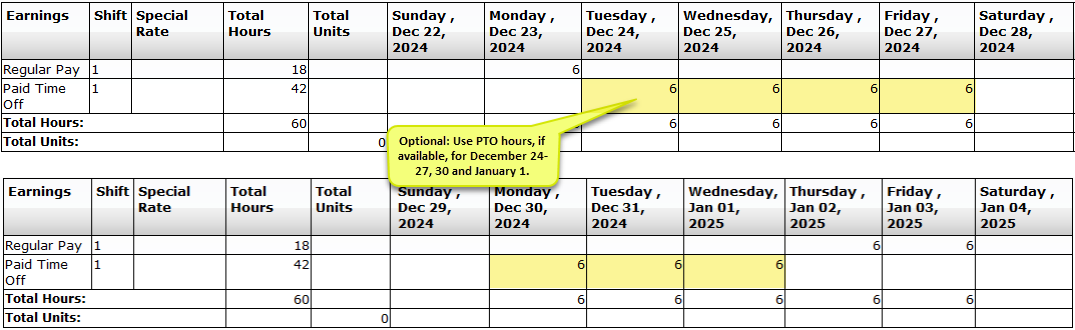 Optional: Use PTO hours, if available, for December 25-29 and January 1.