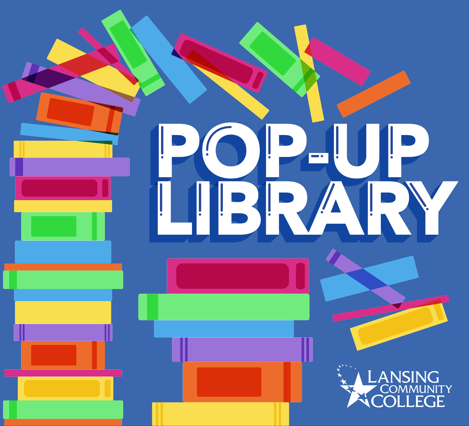 alt="A colorful cart of books with the words Pop-up Library"