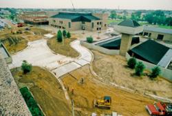 View of the construction of the Mall and the Gannon Building gymnasium as seen from the rooftop of the A&S Building.