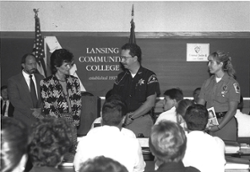 Kitty Dukakis, wife of Presidential Candidate Michael Dukakis, speaks to students and law enforcement officials while at LCC.