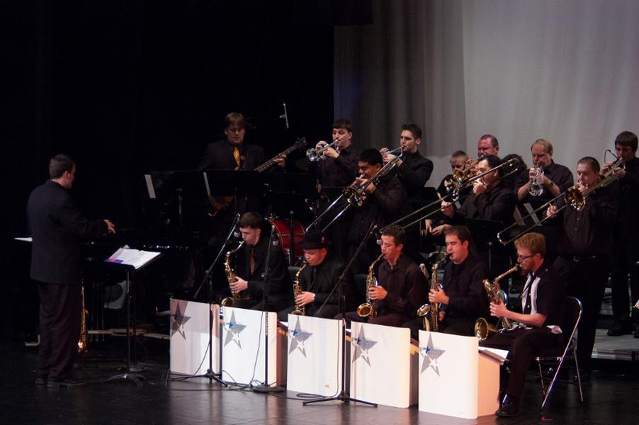 The LCC Jazz Band, on stage at Dart Auditorium, performs at the Soundscapes Concert.