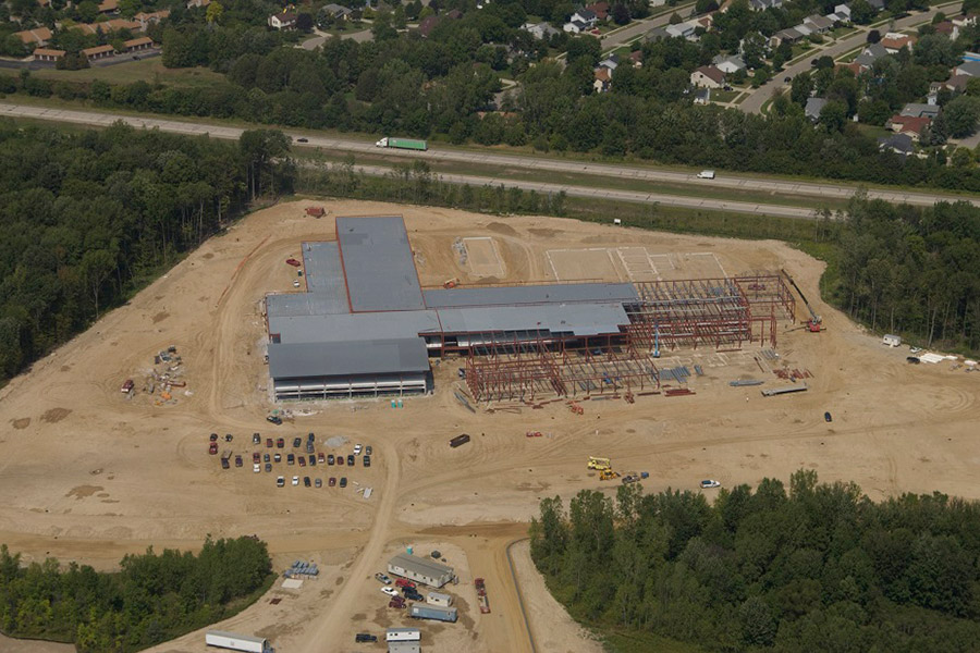 Aerial view of the construction of MTEC (Michigan Technical Education Center), now referred to as West Campus - September 2003.