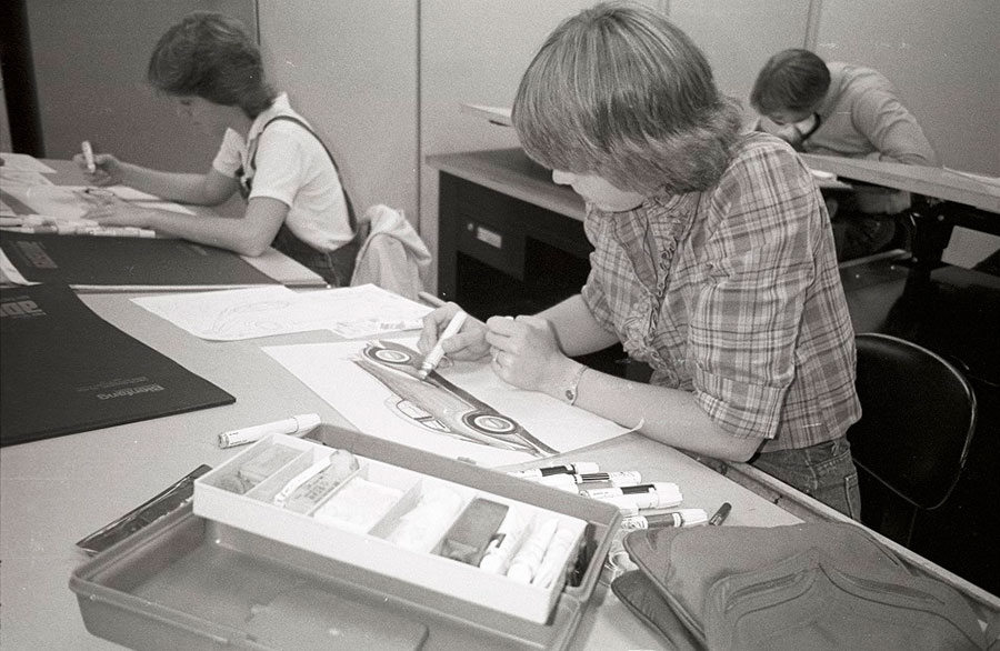 Art students working at drafting tables - ca. 1980s