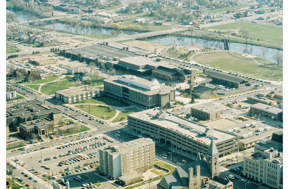Aerial view of LCC's downtown campus, looking northeast - ca. 1976-1979