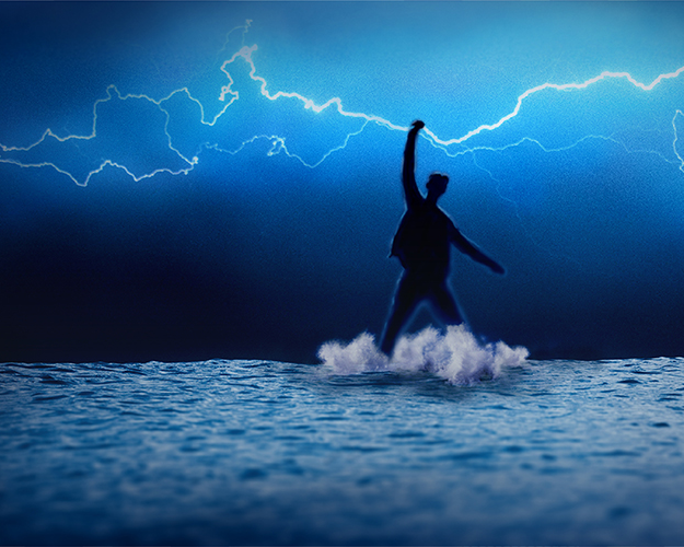 Silhouette of a person with an arm raised, standing on water against a blue sky with visible lightning.