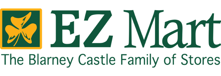 A yellow clover in a green box. Text includes, "EZ Mart, the Blarney Castle family of stores."