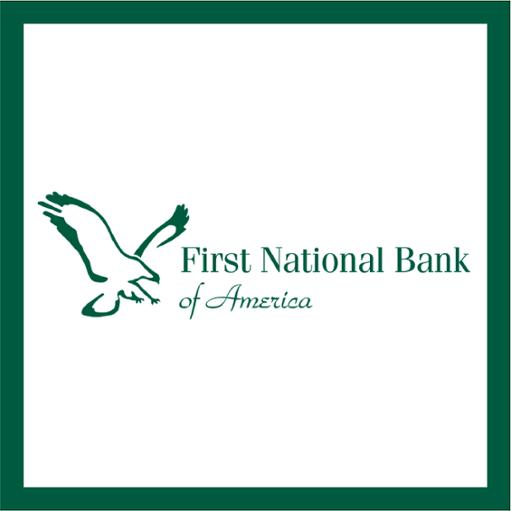 First National Bank of America logo shows the graphic outline in green of a bird and the words, "First National Bank of America".